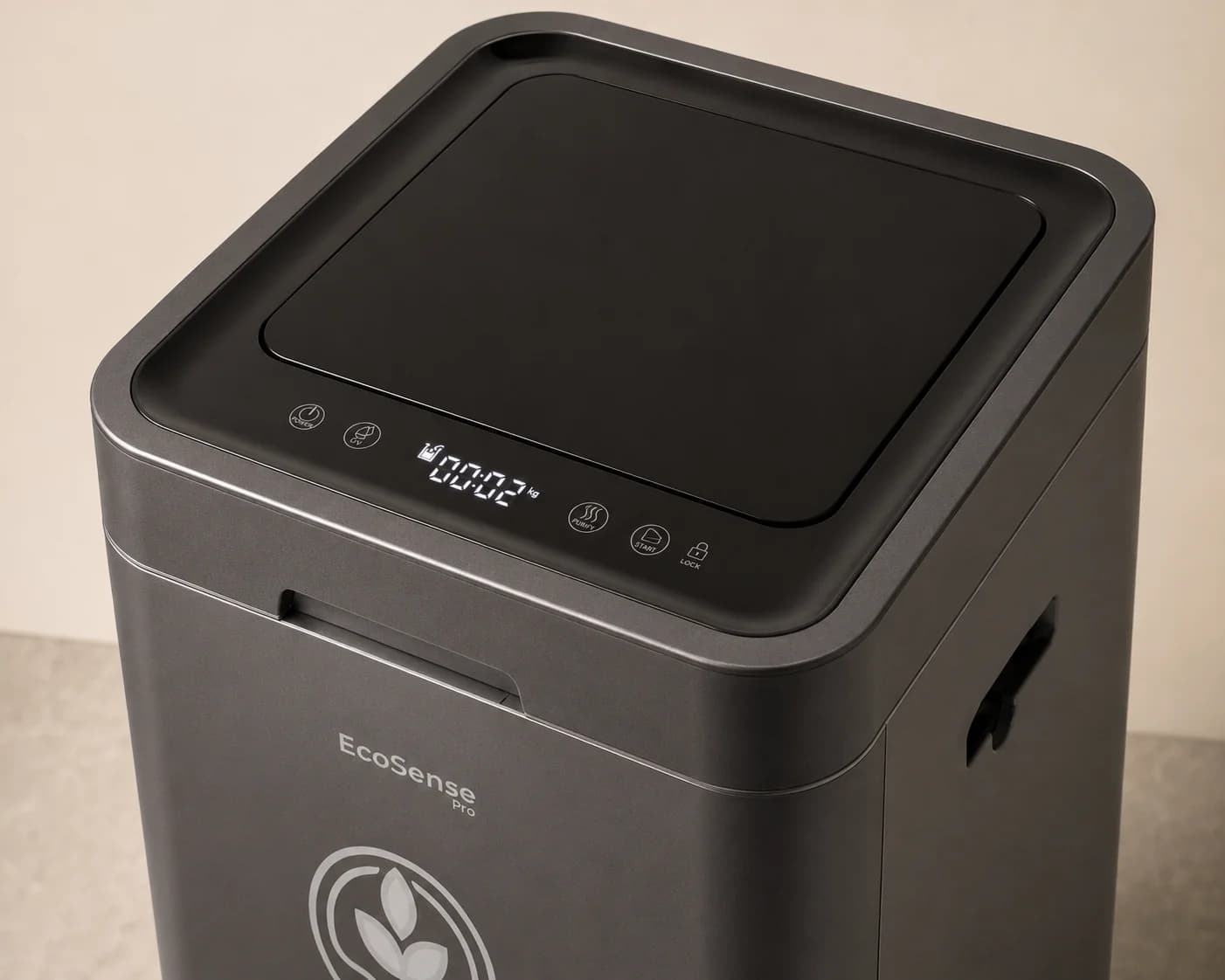 The EcoSense Pro seen from above, its gloss-black control panel set into the lid