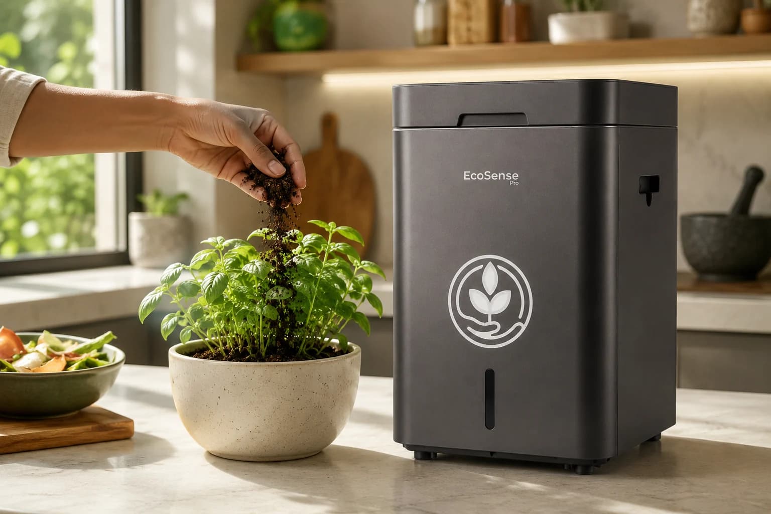 Finished compost from an EcoSense Pro going into a house plant