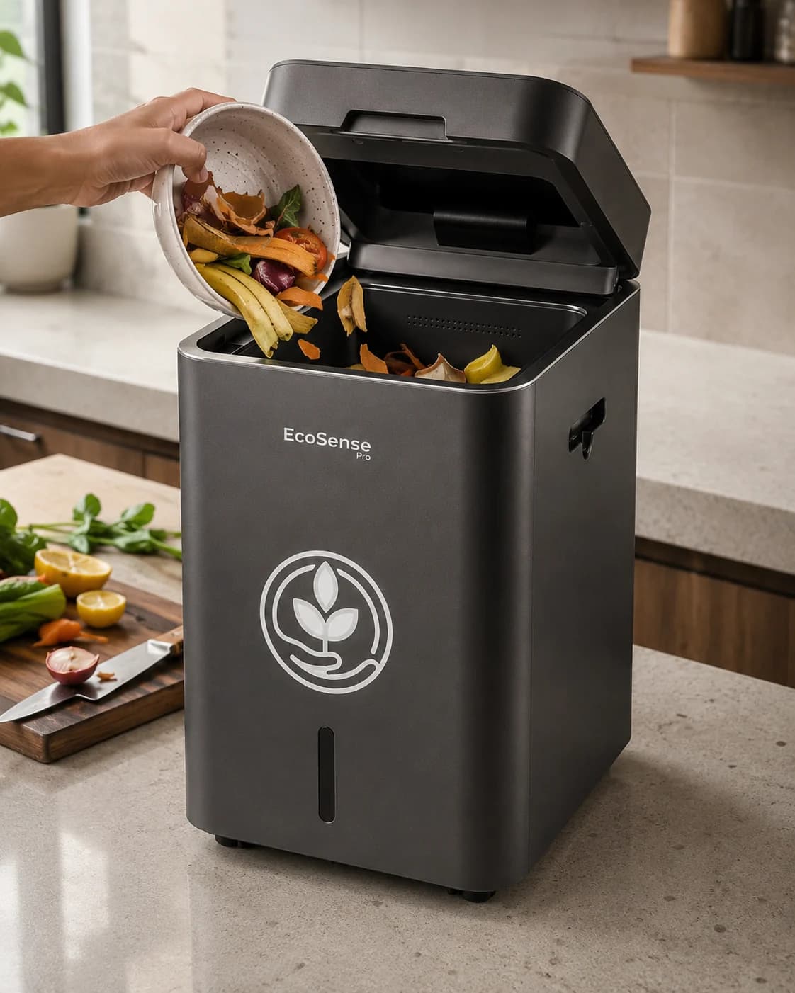 Kitchen scraps going into an EcoSense Pro in Silver, the dark graphite finish