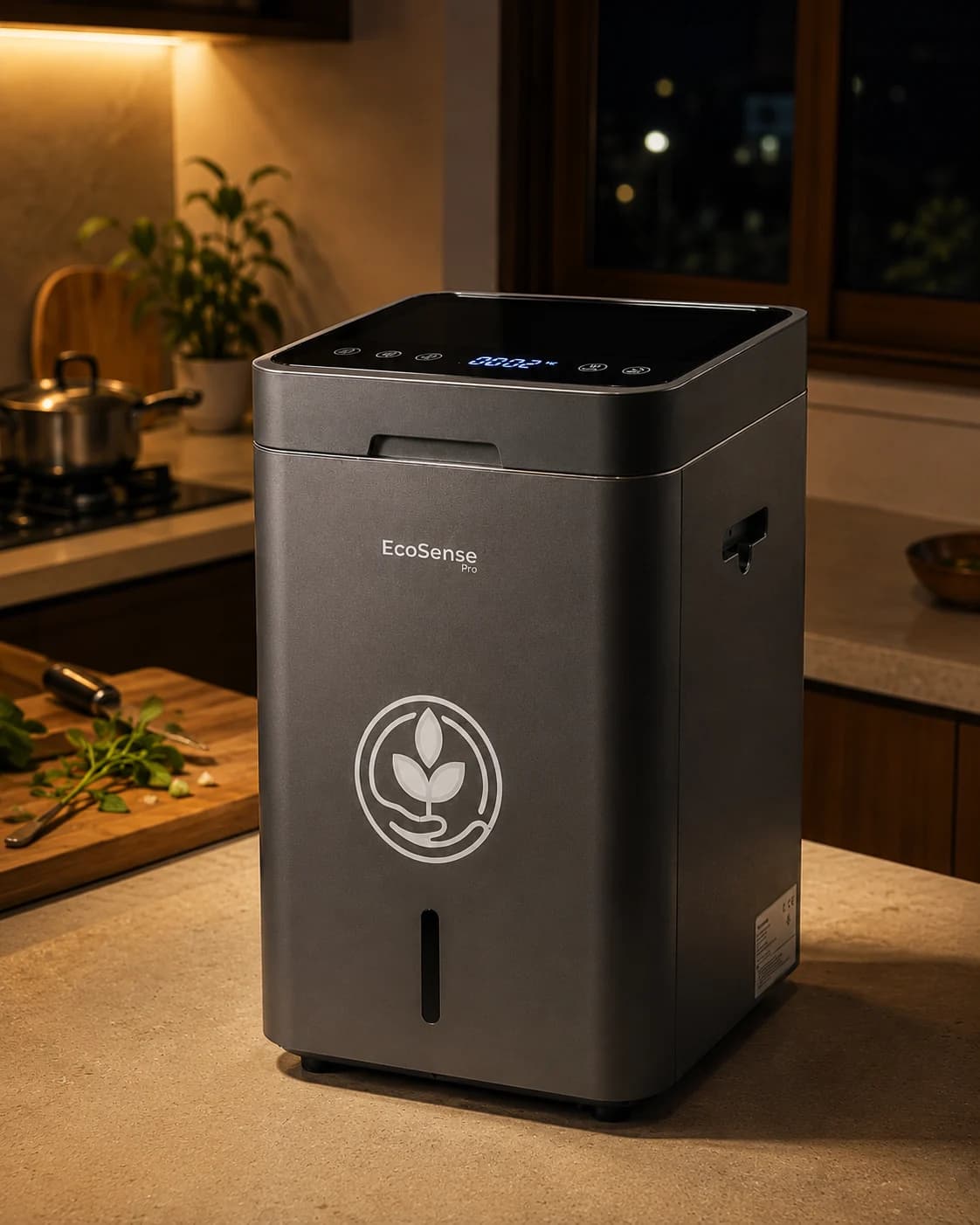 The EcoSense Pro running on a kitchen counter in morning light